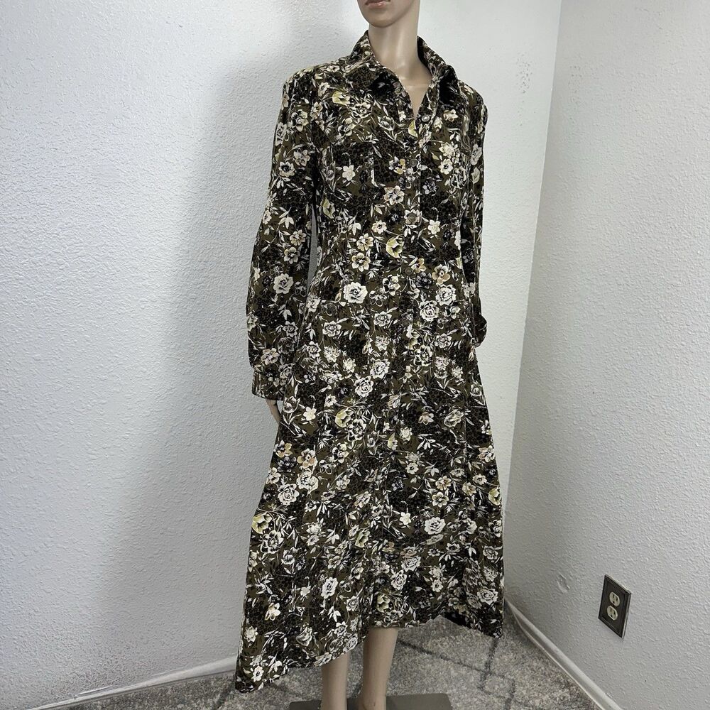 Jeanology Vtg Corduroy Shirt Dress Retro 90’s Floral Long Sleeve Maxi Earthy